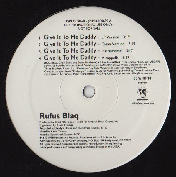 Rufus Blaq : Give It To Me Daddy / Out Of Sight (Yo) Remix (12", Promo)