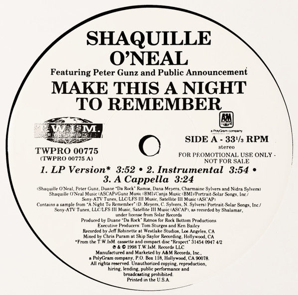 Shaquille O'Neal Featuring Peter Gunz And Public Announcement : Make This A Night To Remember (12", Promo)