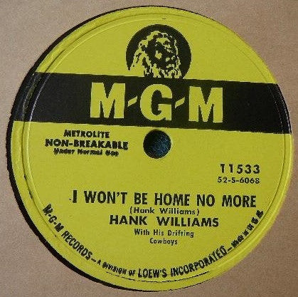 Hank Williams With His Drifting Cowboys : My Love For You (Has Turned To Hate) / I Won't Be Home No More (10")