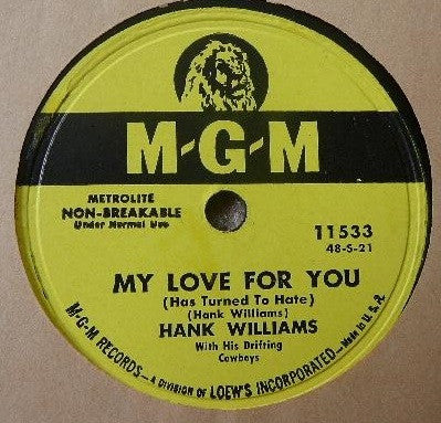 Hank Williams With His Drifting Cowboys : My Love For You (Has Turned To Hate) / I Won't Be Home No More (10")