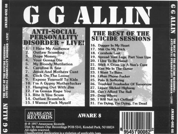 GG Allin : Anti-Social Personality Disorder - Live! (The Best Of The Suicide Sessions) (CD, Comp)