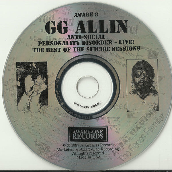 GG Allin : Anti-Social Personality Disorder - Live! (The Best Of The Suicide Sessions) (CD, Comp)