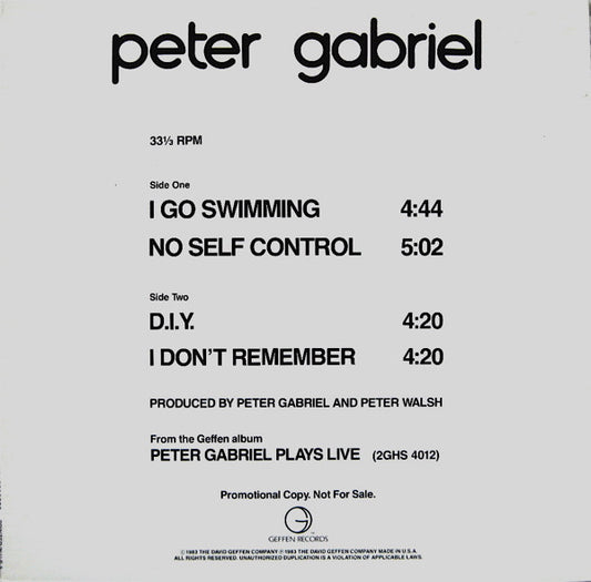 Peter Gabriel : Selections From "Peter Gabriel Plays Live" (12", Promo)