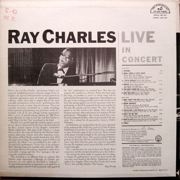 Ray Charles : Ray Charles Live In Concert (LP, Album, Mono)