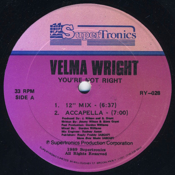 Velma Wright : You're Not Right (12", Single)