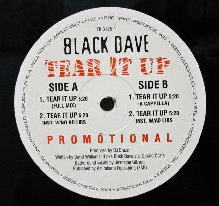 Black Dave : Tear It Up (12", Promo)