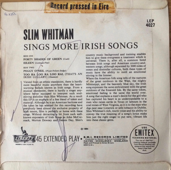 Slim Whitman : Slim Whitman Sings More Irish Songs (7", EP)